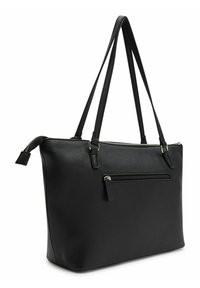 Schwarze Leder-Tote mit strukturierter Oberfläche, ausgestattet mit zwei Schultergurten, einem Reißverschluss oben und einer vorderen Reißverschlusstasche.