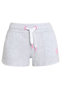 Šedé bavlněné kraťasy s páskem na stažení s růžovými akcenty. Obsahují boční kapsy a logo na lemu. Měkká textury.