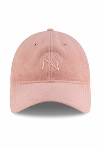 Rosa Baumwoll-Baseballmütze mit strukturiertem Finish, mit aufgesticktem NY-Logo, das zentral auf der Vorderseite platziert ist, und einem gebogenen Schirm.
