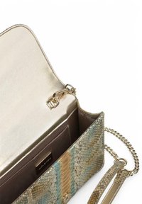 Bolso de hombro de piel de serpiente texturizada y multicolor con un interior dorado, correa de cadena y cierre. Presenta compartimentos organizados y un acabado suave.