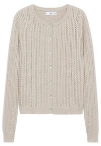 Vaaleanbeige neulottu neuletakki, jossa on teksturoitu kuosi, pyöreä pääntie ja kuusi nappia edessä. Pitkät hihat, joissa resorit hihansuissa.