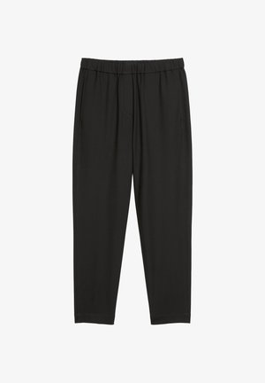 Pantaloni neri con vita elastica, gambe dritte e tasche laterali, progettati per comfort e abbigliamento casual.