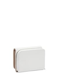 White leather wallet with a smooth texture, zip closure, and tan interior. Features a rectangular shape and minimal stitching detail.