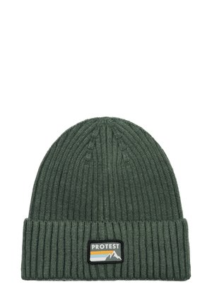 Knitted green beanie with a ribbed texture, featuring a folded cuff and a rectangular logo patch with mountain graphics and stripes.
