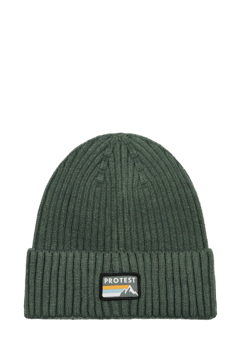 Gebreide groene beanie met ribbelstructuur, voorzien van een opgerolde manchette en een rechthoekige logo-label met berggraphics en strepen.
