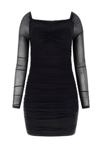 Czarna sukienka z kwadratowym dekoltem i długimi, przezroczystymi rękawami. Posiada marszczone detale, dopasowaną sylwetkę oraz marszczoną teksturę w całej długości.