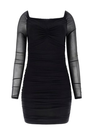 Schwarzes Kleid mit quadratischem Ausschnitt und langen, durchsichtigen Ärmeln. Verfügt über geraffte Details, eine taillierte Silhouette und geraffte Textur im gesamten Kleid.