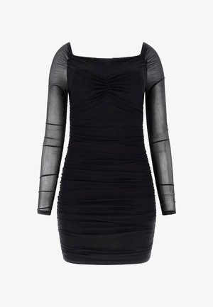 Czarna sukienka z kwadratowym dekoltem i długimi, przezroczystymi rękawami. Posiada marszczone detale, dopasowaną sylwetkę oraz marszczoną teksturę w całej długości.