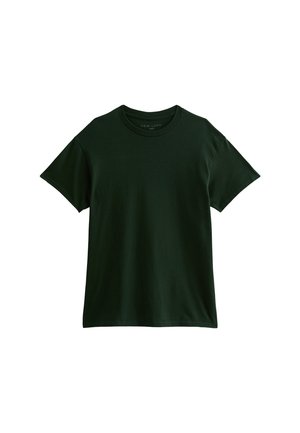 T-shirt en coton vert foncé avec des manches courtes, col rond et coupe décontractée. Texture lisse et design minimal sans motifs ni accents.