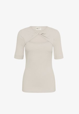 Helehall ribi T-särk ainulaadse ristküljedisainiga, lühikeste varrukatega ja keha lähedase siluetti kujundusega. Omab ümarat kaelaauku ja tekstureeritud kangast.