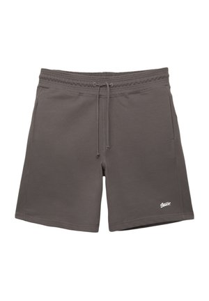 Grå bomullsmixshorts med elastisk midja, dragsnöre, sidofickor och en liten vit logotyp längst ner till vänster.