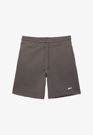 Grå bomuldsblandingsshorts med elastisk talje, snorelukning, sidelommer og et lille hvidt logo nederst til venstre.