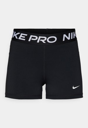 Mustad sportlikud lühikesed püksid laia vöökohtaga, millel on valge "NIKE PRO" kiri, sile tekstuur ja väike valge Nike logo külgedel.