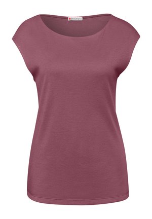 Haut sans manches mauve pour femme avec un large décolleté rond et de subtiles manches courtes, tissu en maille unie, étiquette "Street One" à l'intérieur du col.