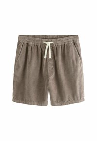Braune Cordshorts mit elastischem Bund und cremefarbenem Kordelzug. Verfügt über zwei Seitentaschen und eine vertikal gerippte Struktur.