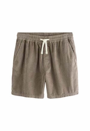 Shorts de pana marrones con cintura elástica y cordón crema. Cuenta con dos bolsillos laterales y una textura acanalada vertical.