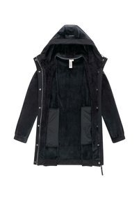 Cappotto nero con cappuccio, dotato di un morbido rivestimento interno in peluche. Include due tasche frontali e chiusure a bottone a pressione sul davanti.