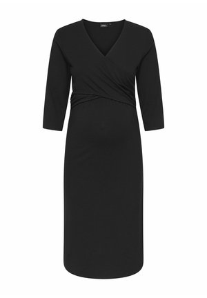 Black maternity dress with three-quarter sleeves, wrap front design, gathered waist detail, and knee-length hem. Made from soft, stretchy fabric.