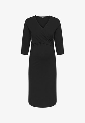 Black maternity dress with three-quarter sleeves, wrap front design, gathered waist detail, and knee-length hem. Made from soft, stretchy fabric.