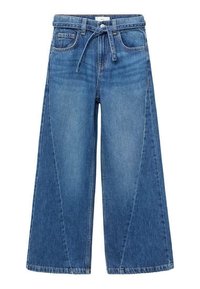 Bredige denimbukser i mellemblå, der har en snoretræk i taljen, to frontlommer og en glat tekstur med let fading.