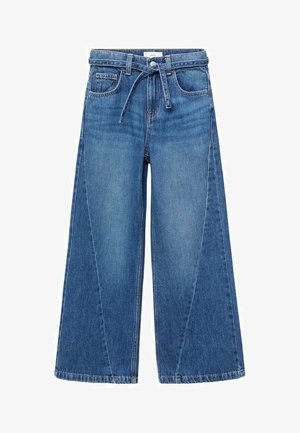 Wide-leg denim trousers in medium blue, featuring a drawstring waist, two front pockets, and a smooth texture with slight fading.