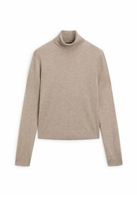 Beige coltrui met lange mouwen, gemaakt van zachte gebreide stof, met een getailleerd ontwerp en een geribbelde zoom voor extra textuur.