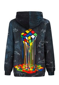 Felpa con cappuccio in tessuto nero con un design colorato del Cubo di Rubik e vernice che colano, circondato da equazioni matematiche.