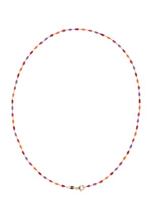 Colier delicat cu mărgele ovale mici în roșu, portocaliu și violet, conectate prin zale subțiri aurii cu o închizătoare aurie.