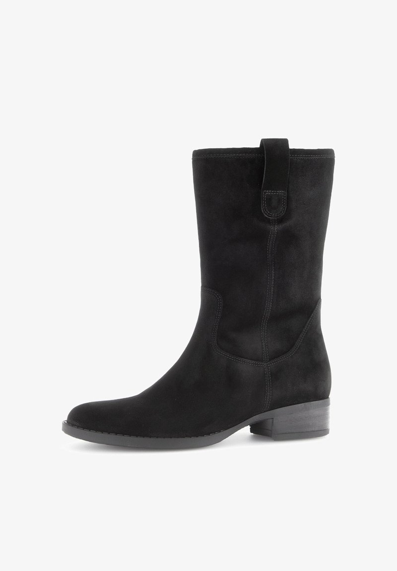 Black suede knee-high boot with a smooth texture, rounded toe, and minimal stitching. Features a subtle pull tab at the top and a low heel.