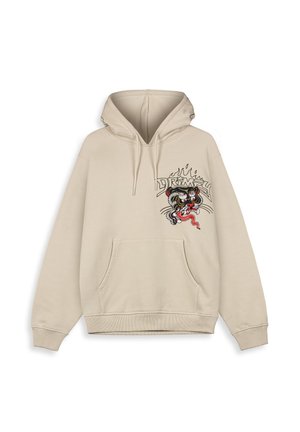 Beige hoodie with a front pocket, drawstring hood, and an embroidered tiger design on the left side, featuring bold colors and details.