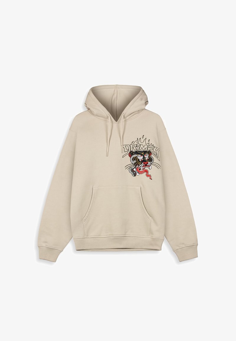 Sudadera beige con un bolsillo frontal, capucha con cordón y un diseño de tigre bordado en el lado izquierdo, con colores y detalles llamativos.