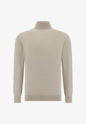 Jersey de cuello alto beige hecho de material suave y de punto fino; cuenta con mangas largas y acentos de canalé en el cuello y los puños.