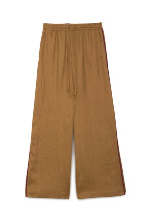 Pantalon large marron avec taille élastique à cordon et fines rayures latérales sombres, fabriqué en tissu léger.