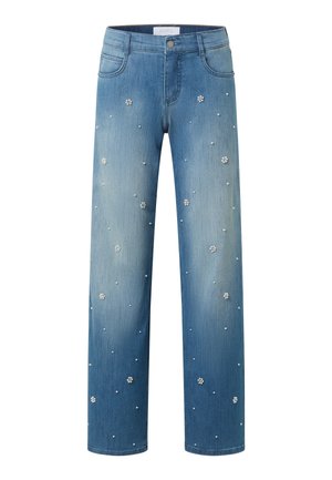 Blauwe denim jeans met rechte pijpen, versierd met kleine witte parels en kralen in de vorm van bloemen.