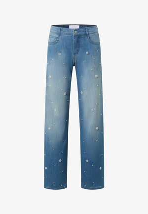 Blauwe denim jeans met rechte pijpen, versierd met kleine witte parels en kralen in de vorm van bloemen.