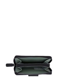 Black zippered wallet with two compartments, featuring green interior lining and silver zipper hardware. Textured exterior for grip.