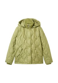 Grüne gepolsterte Steppjacke mit Kapuze, Druckknöpfen, zwei Vorder- taschen und strukturiertem Muster. Weicher Stoff mit einem leicht glänzenden Finish.