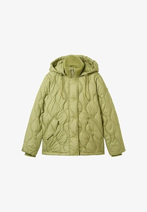 Veste matelassée verte rembourrée avec une capuche, des boutons-pression, deux poches avant et un motif texturé. Tissu doux avec une finition légèrement brillante.