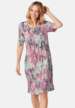 Kurzärmliges Kleid aus leichtem Stoff, das mit einem mehrfarbigen Paisley- und abstrakten Muster, einem runden Ausschnitt und einer lockeren Passform ausgestattet ist.