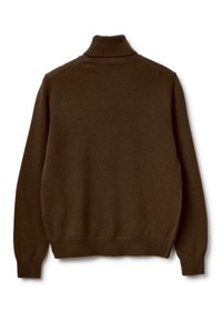 Brązowy sweter z wełny w serek o prostym designie, z prążkowanymi mankietami i wysokim kołnierzem, gładką fakturą oraz bez wyraźnych wzorów.
