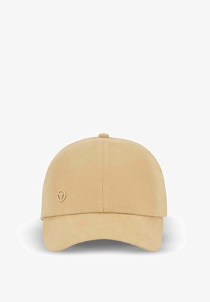 Casquette de baseball beige avec une visière incurvée, des trous d'aération cousus et un petit logo sur le côté. Le matériau semble lisse et en tissu.