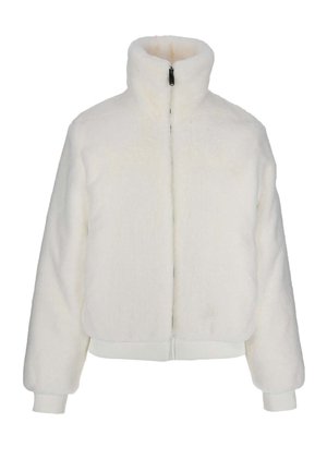Witte, fluffy zip-up jas met een hoge kraag, elastische manchetten en onderkant. Gemaakt van zacht materiaal, met een relaxed fit en minimale details.