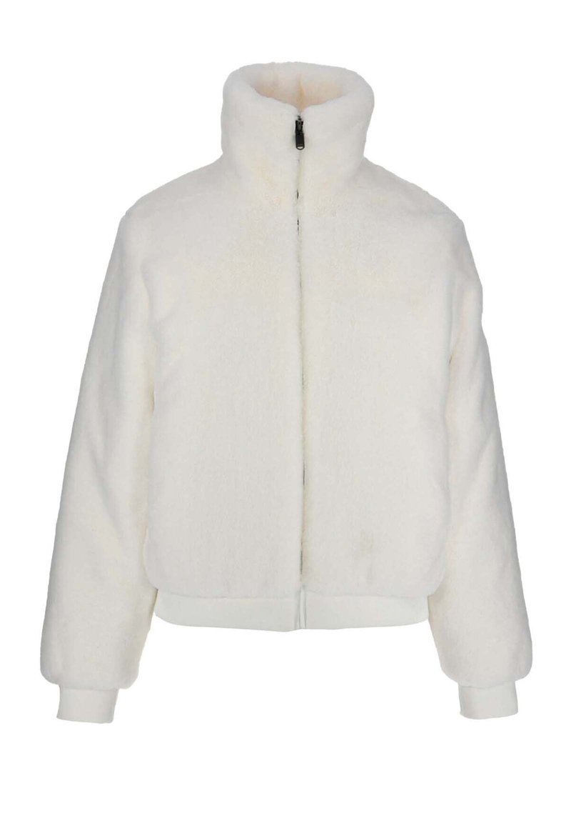 Witte, fluffy zip-up jas met een hoge kraag, elastische manchetten en onderkant. Gemaakt van zacht materiaal, met een relaxed fit en minimale details.