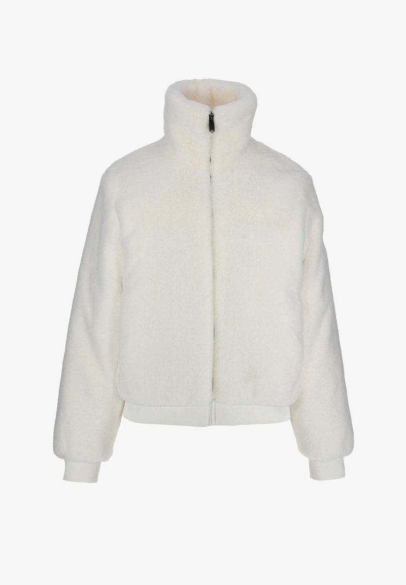 Witte, fluffy zip-up jas met een hoge kraag, elastische manchetten en onderkant. Gemaakt van zacht materiaal, met een relaxed fit en minimale details.