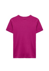 Fuchsia T-Shirt mit kurzen Ärmeln aus glattem Baumwollmaterial. Verfügt über einen runden Halsausschnitt und einen geraden Saum, ohne sichtbare Muster oder Akzente.