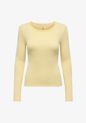 Gele en witte dunne horizontale gestreepte langermige nauwsluitende top met ronde halslijn en fijn gestructureerde stof.