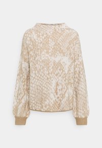 Maglione a collo alto beige e bianco con un motivo testurizzato che ricorda la pelle di serpente, maniche ampie e orlo e polsini a coste.