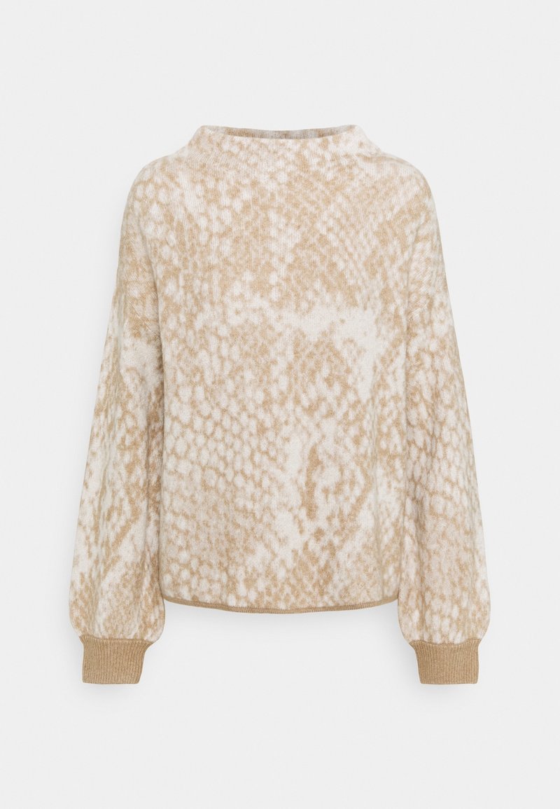 Beige and white pullover sweater featuring a textured snake skin pattern, wide sleeves, and a ribbed hem and cuffs.
