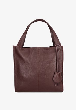 Borsa tote in pelle color bordeaux con superficie testurizzata, doppi manici e una piccola pochette attaccata. Design semplice con dettagli di cuciture visibili.