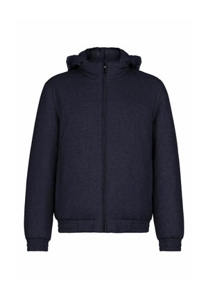 Dunkelblous Jacke mit einem Reißverschluss vorne, elastischen Bündchen und Kapuze. Der Stoff hat eine strukturierte Oberfläche, die ein gemütliches Aussehen verleiht.